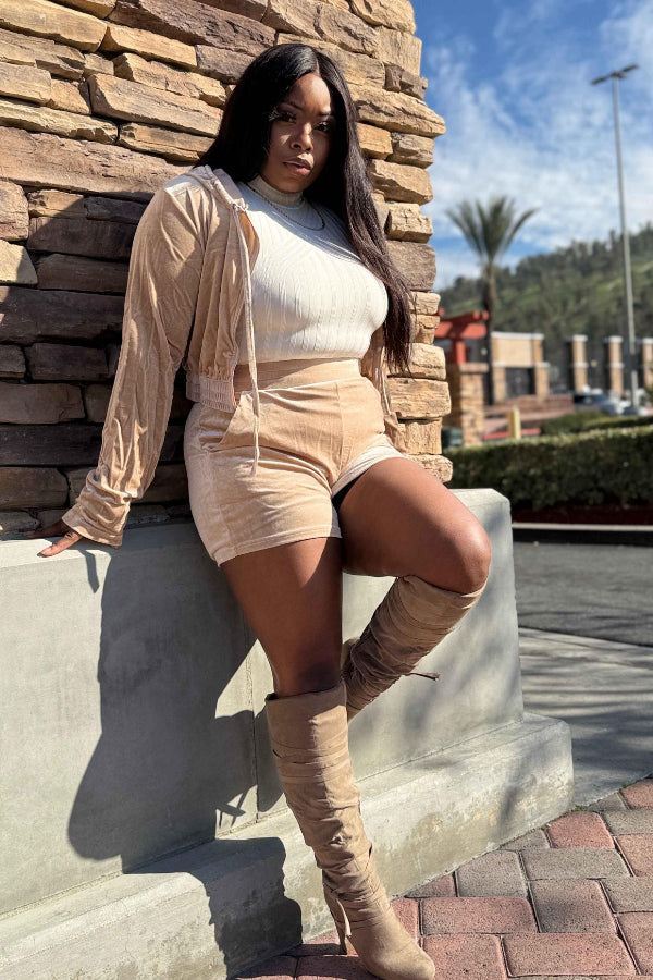 Velvet Hoodie Set with Cropped Zipper Shorts