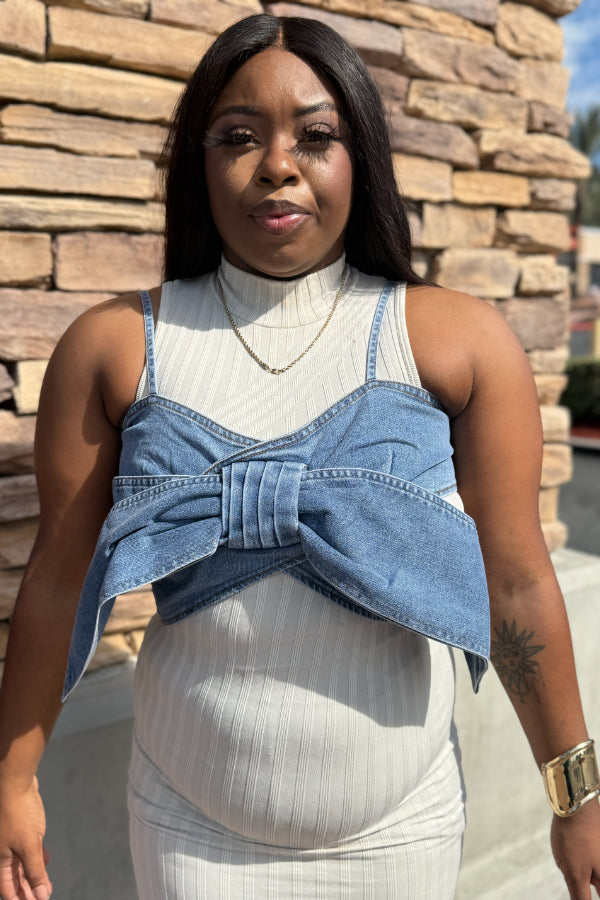 Slim Fit Denim Tank Top with Bow DetailI