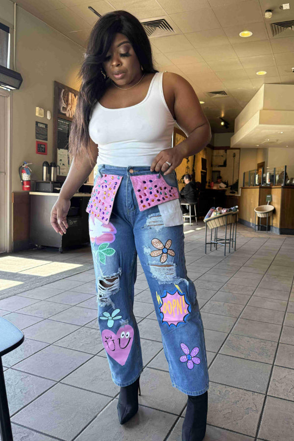 Rhinestone Distressed Jeans with Print