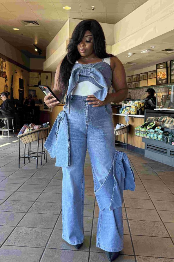 Color Block Bow Wide-Leg Pants
